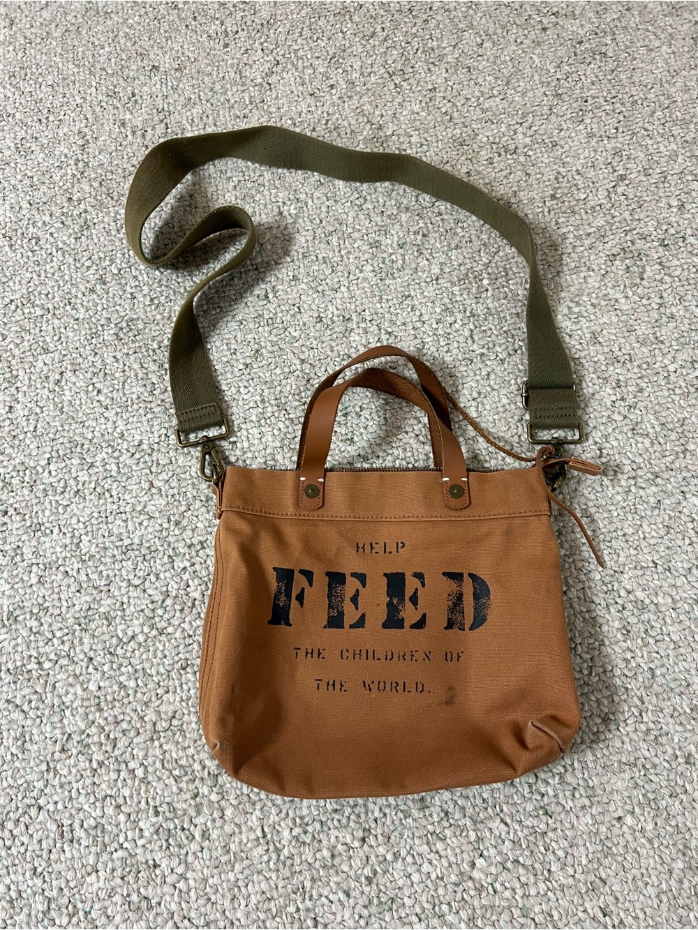 Feed Canvas Crossbody Bag in Brown with Adjustable Green Strap